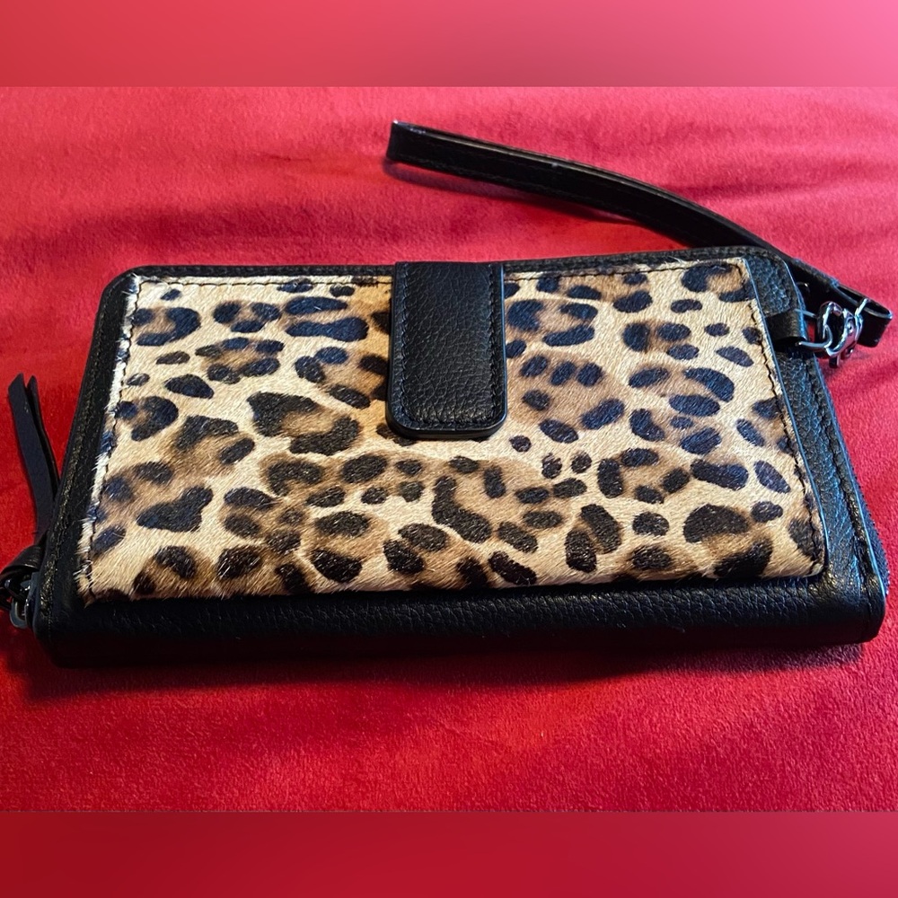 Rachel Roy Black Leather and Animal Print Wristlet Wallet